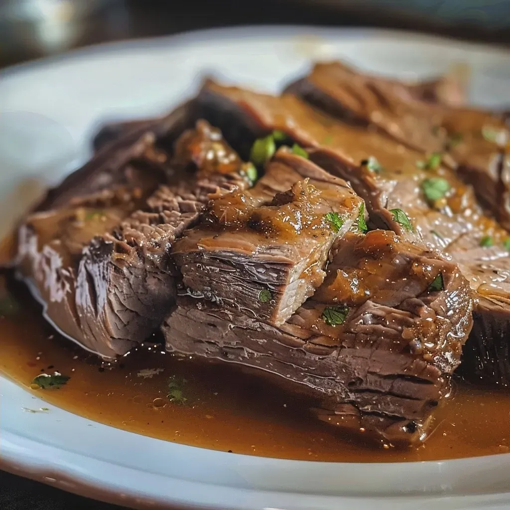 Side view of a tender chuck roast infused with orange and ginger flavors.