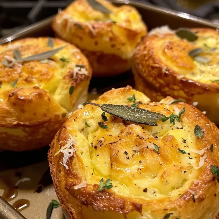 Close-up of golden-brown Parmesan popovers with crispy sage leaves on top.
