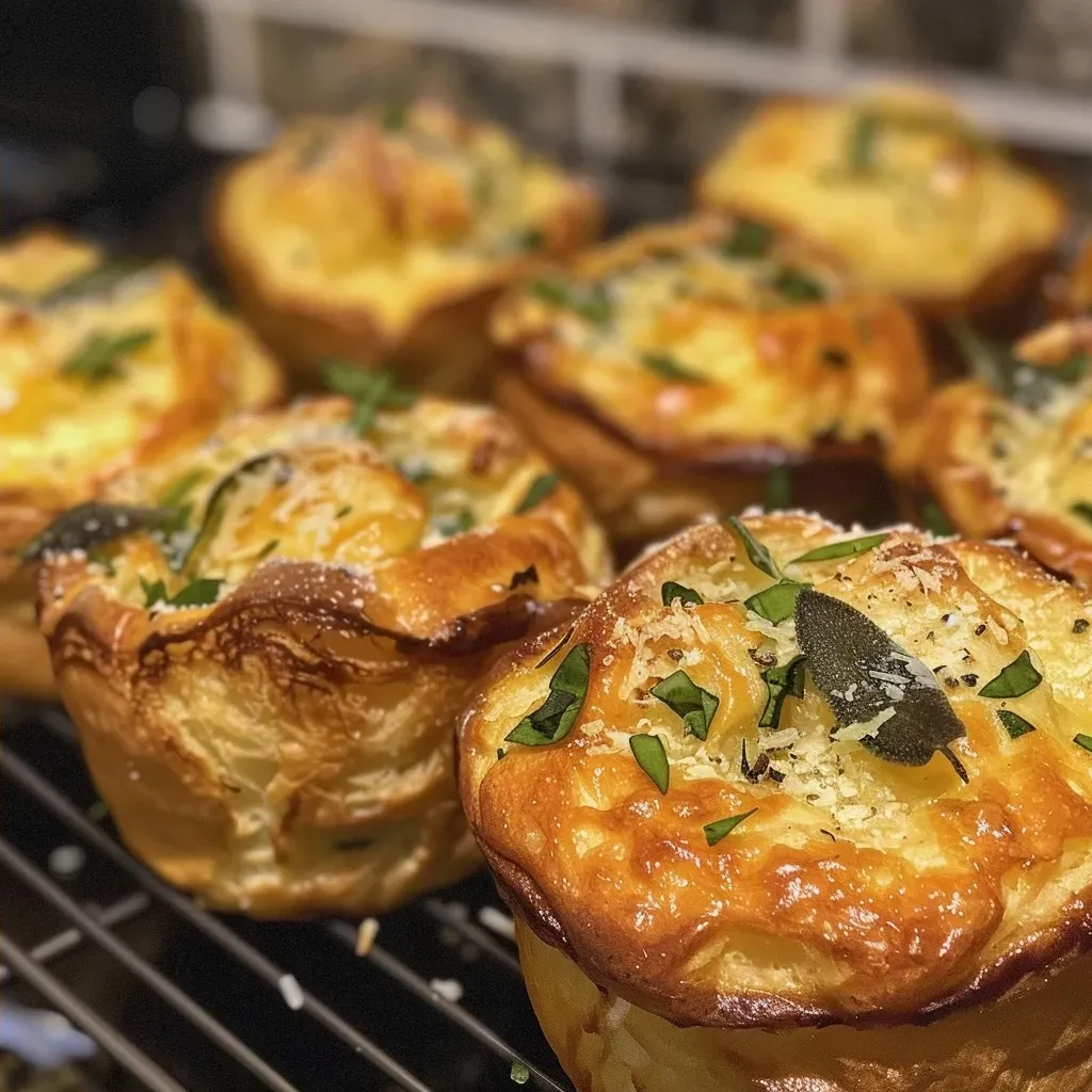 Side view of freshly baked Parmesan popovers, showcasing their airy texture and garlic butter drizzle.
