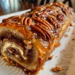 Close-up view of a sliced Pecan Pie Cake Roll with visible pecans and cream cheese frosting.