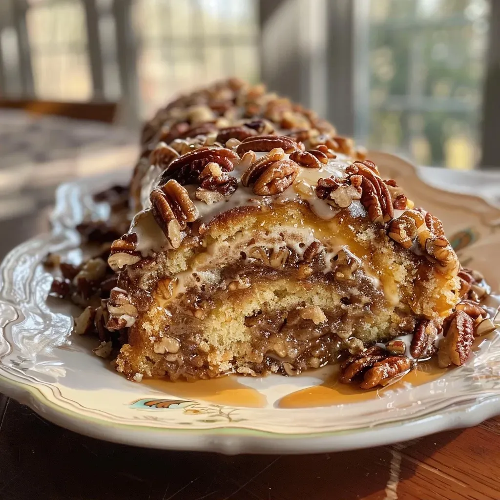 Side view of a delicious Pecan Pie Cake Roll, showcasing its rich texture and chopped nuts.