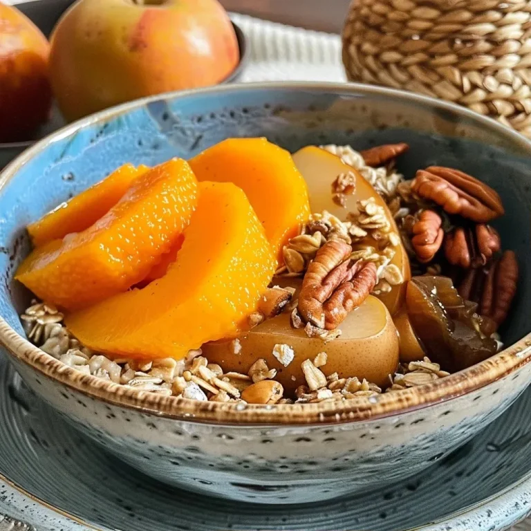 Close-up of a baked oatmeal dish featuring persimmons and pears, showcasing a golden-brown texture.