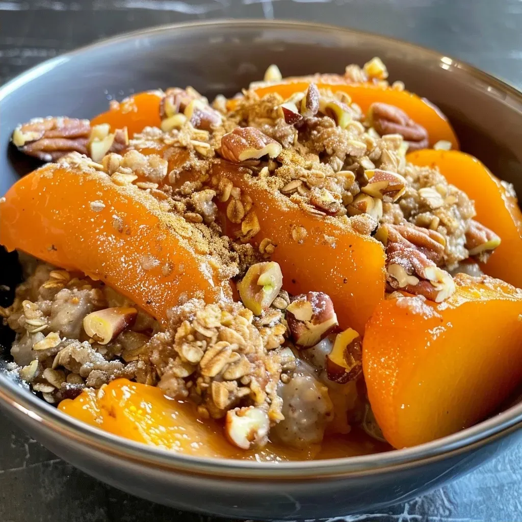 Side view of a persimmon and pear oatmeal bake topped with chopped nuts, displaying juicy fruit pieces.