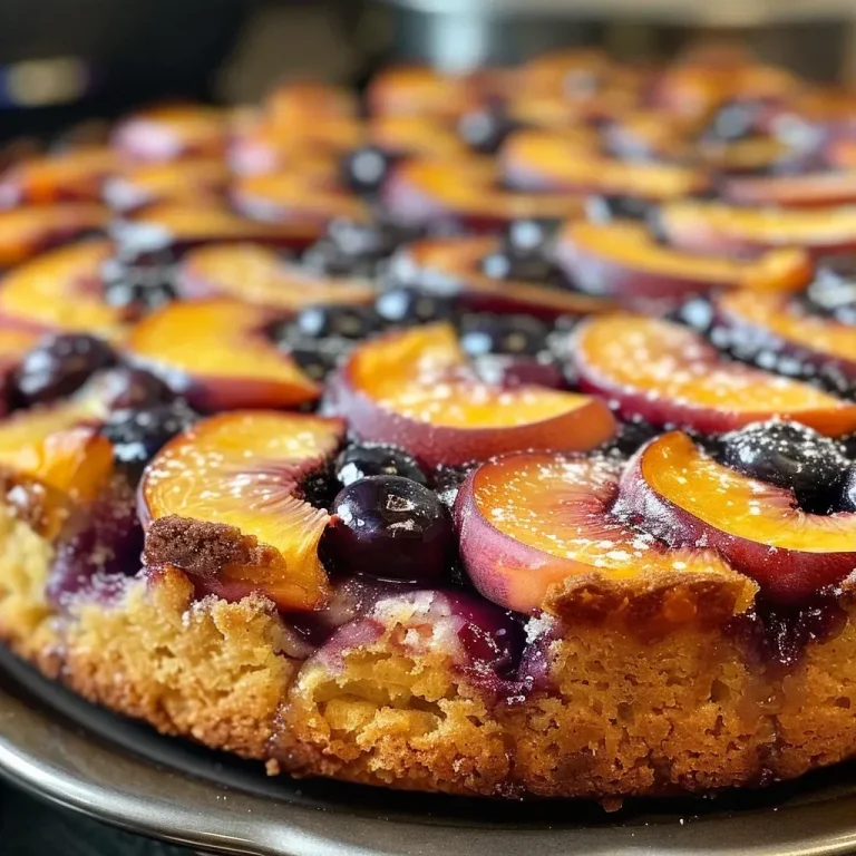 Sommerlicher Pfirsich-Blaubeer-Pfannen-Kuchen: Genuss aus der Pfanne A close-up side view of a peach and blueberry skillet cake showcasing juicy fruit and a golden crust.