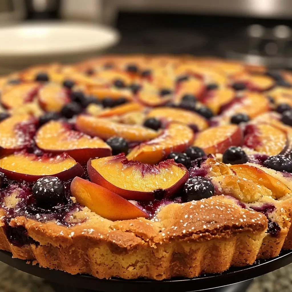A delectable skillet cake featuring slices of peach and blueberries, with a soft texture visible.