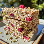 A close-up view of crispy squares made with pistachios and raspberries, showcasing vibrant colors and textures.