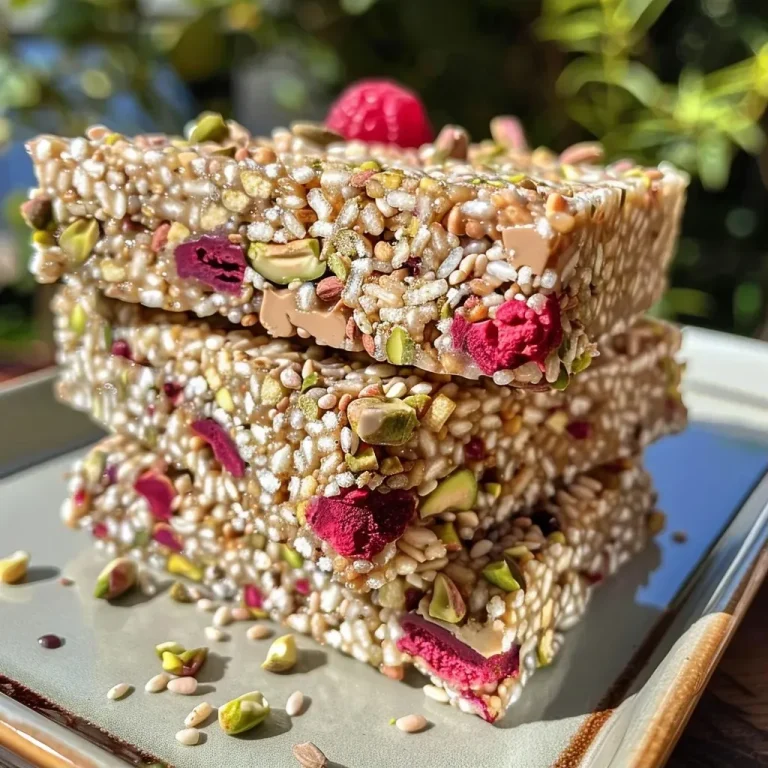 A close-up view of crispy squares made with pistachios and raspberries, showcasing vibrant colors and textures.