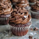 Close-up view of chocolate cupcakes topped with rich chocolate protein frosting.