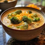 Close up of creamy broccoli cheddar soup in a bowl with visible broccoli florets and melted cheese.