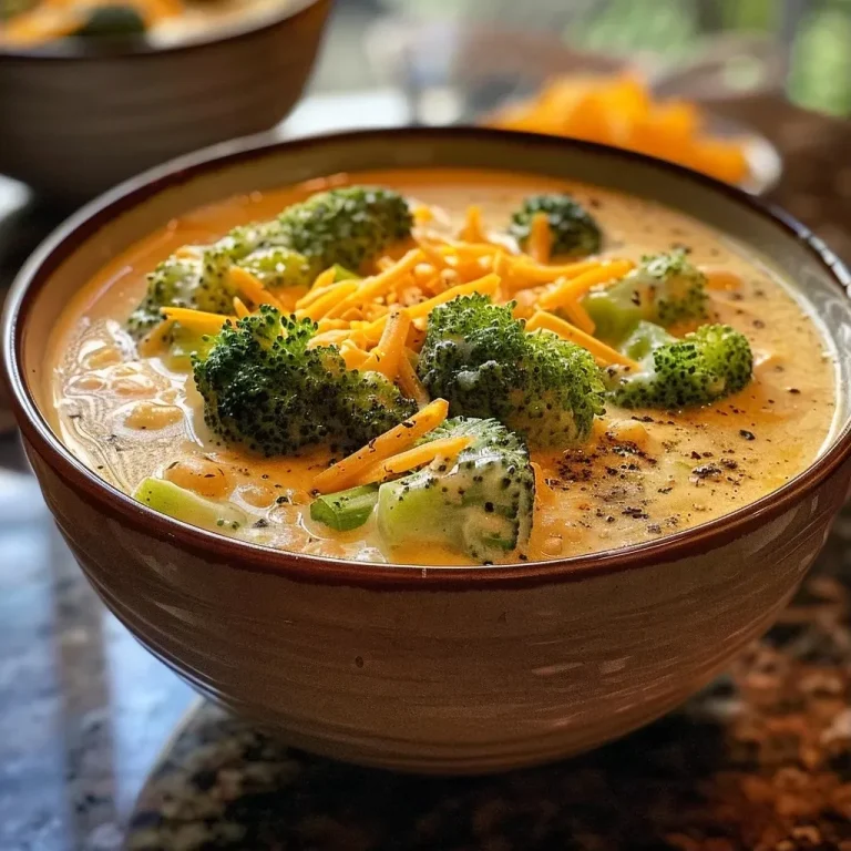 Herzhafte Brokkoli-Cheddar-Suppe: Ein Genuss für die Seele Close up of creamy broccoli cheddar soup in a bowl with visible broccoli florets and melted cheese.