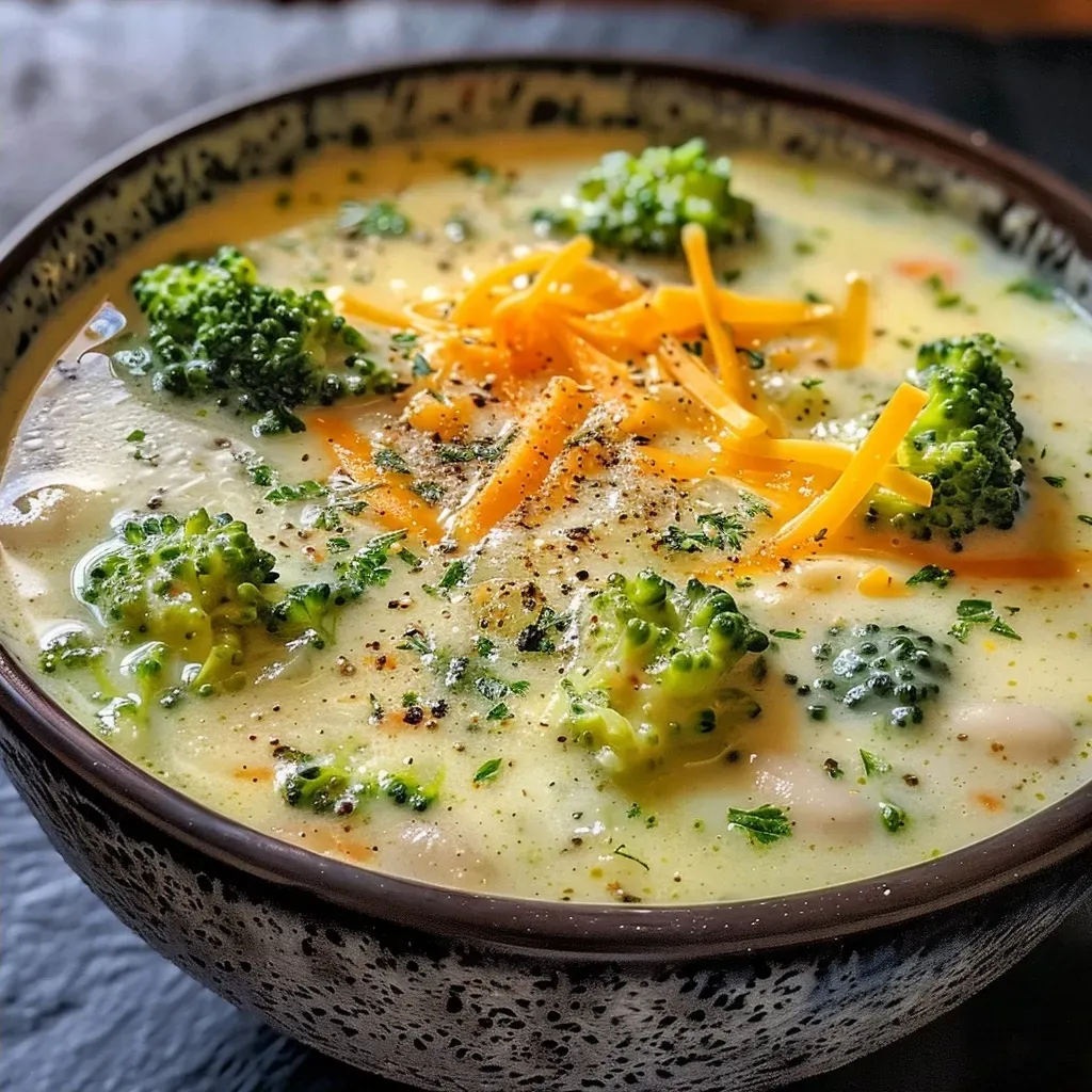 A side view of a hearty bowl of broccoli cheddar soup garnished with fresh herbs and chunks of broccoli.