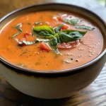 A close-up side view of a creamy tomato soup with chunks of cottage cheese and fresh basil.