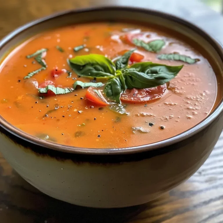 A close-up side view of a creamy tomato soup with chunks of cottage cheese and fresh basil.