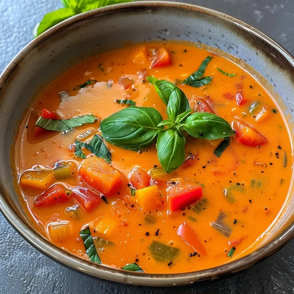 A vibrant bowl of high-protein tomato soup featuring large tomato pieces and a sprinkle of herbs.
