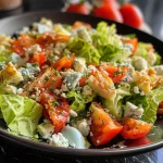 Close-up side view of a wedge salad topped with blue cheese and greens.