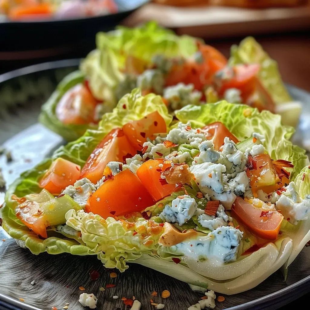 Juicy wedge salad with low-fat dressing and blue cheese crumbles on a plate.
