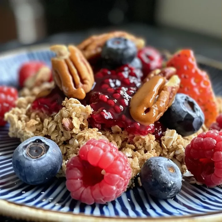 Proteinreicher Frühstücks-Crumble für einen Energiestart Close-up image of a colorful breakfast crumble topped with mixed berries and nuts.