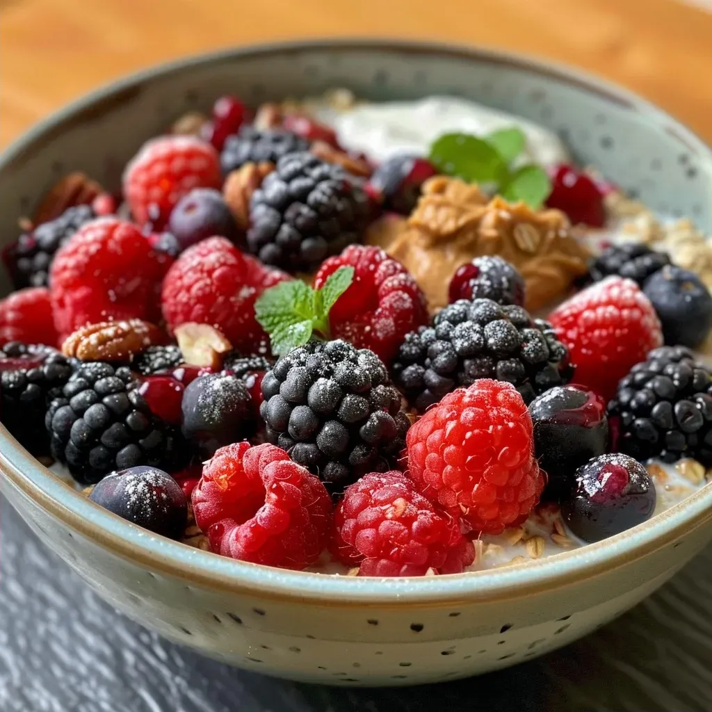 Side view of a protein-rich breakfast crumble featuring oats and peanut butter.