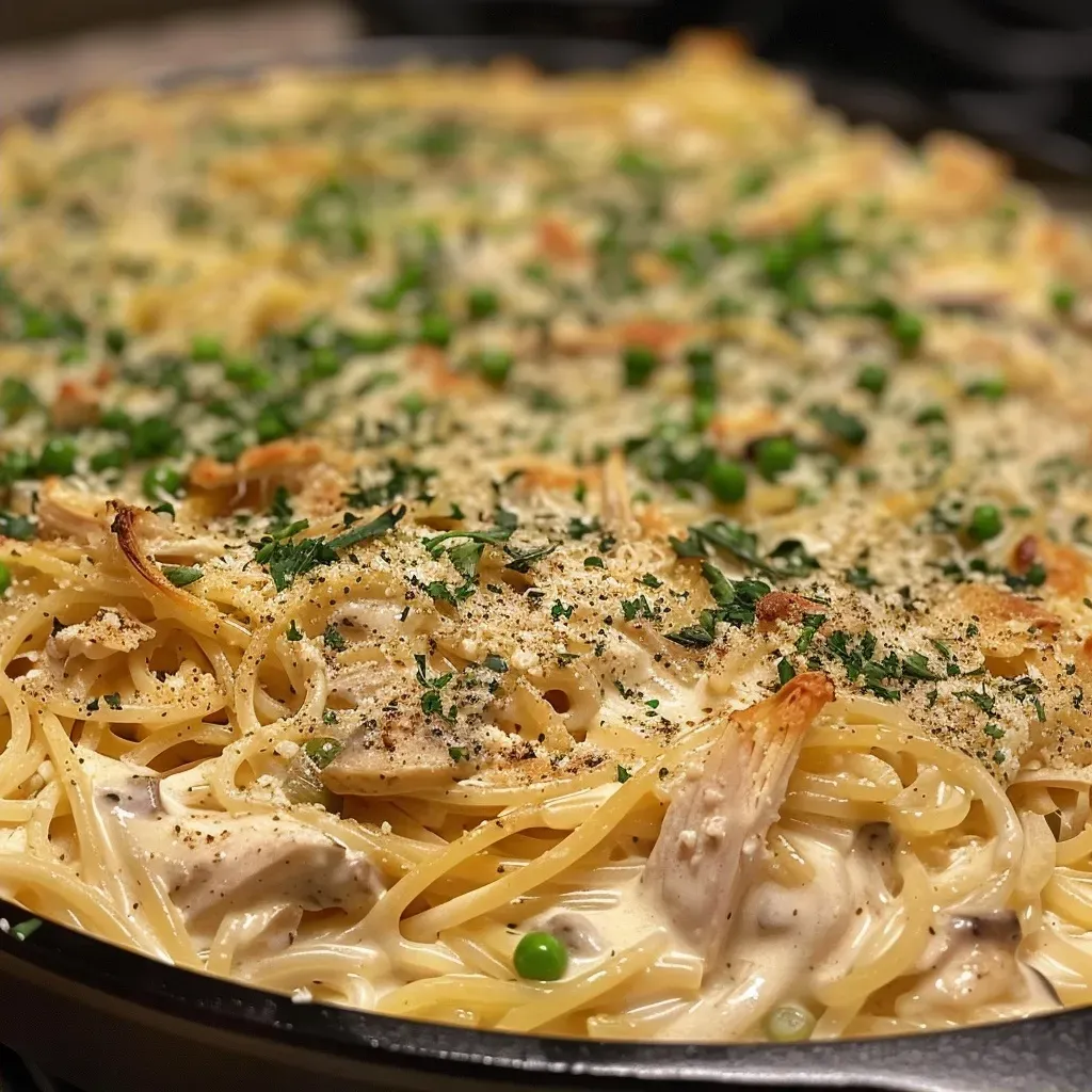 Side view of a delicious turkey tetrazzini dish topped with parsley.