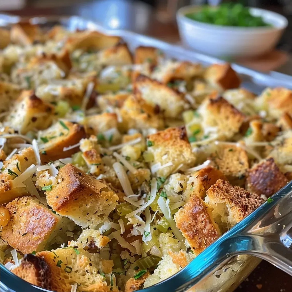 Side view of a hearty dish made from leftover stuffing and topped with melted cheddar.