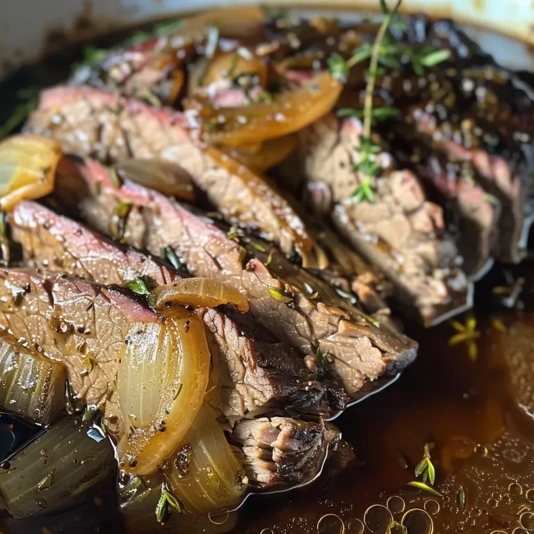 Langsam Gekochtes Rindfleisch mit Balsamico-Zwiebelsoße – Ein Genuss für die Seele Juicy slow cooker brisket with balsamic onion gravy, served on a plate.