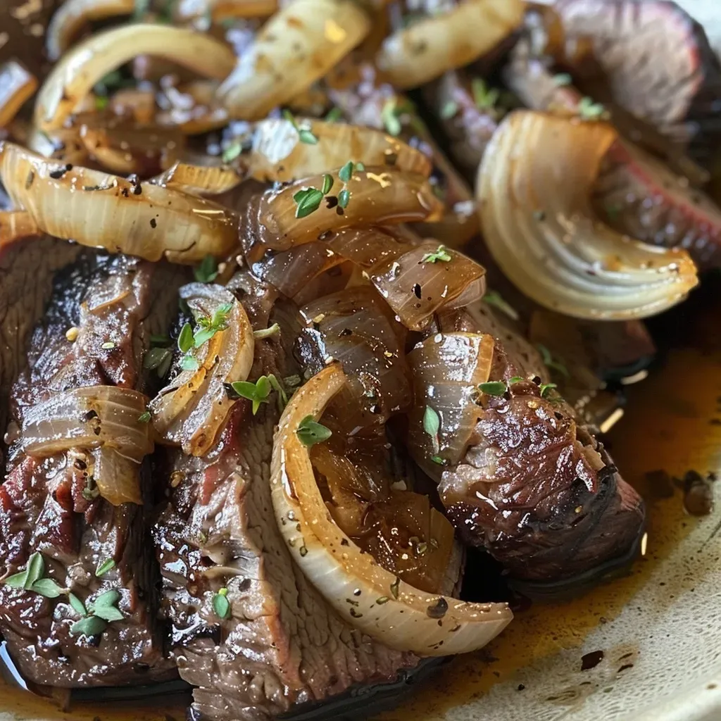 Close-up of tender brisket topped with rich balsamic onion gravy in a slow cooker.
