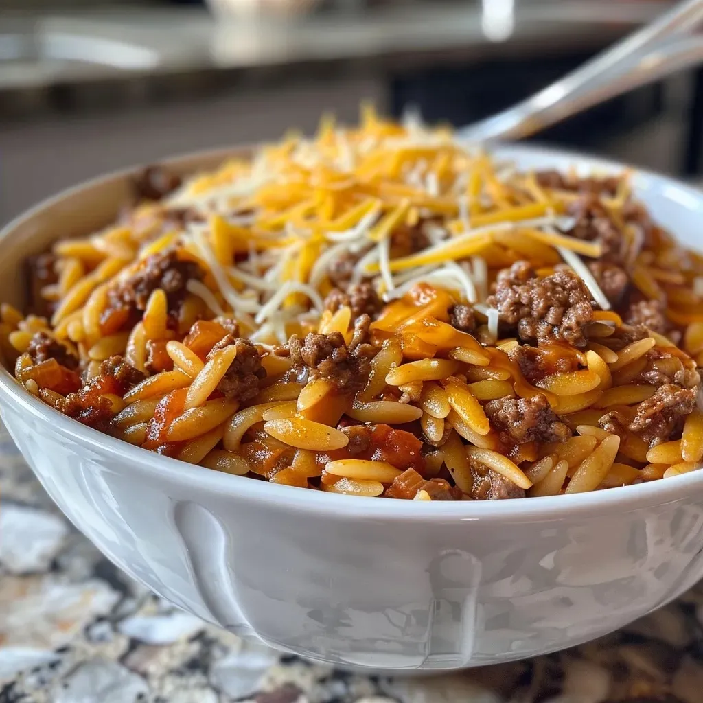 Side view of a serving of orzo mixed with ground beef and melted cheddar.
