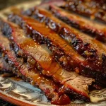 Close-up view of a juicy oven-baked BBQ beef brisket on a wooden cutting board.