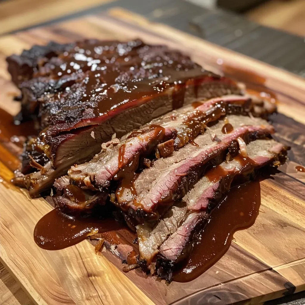 Side angle of a tender beef brisket glazed with barbecue sauce, ready to serve.