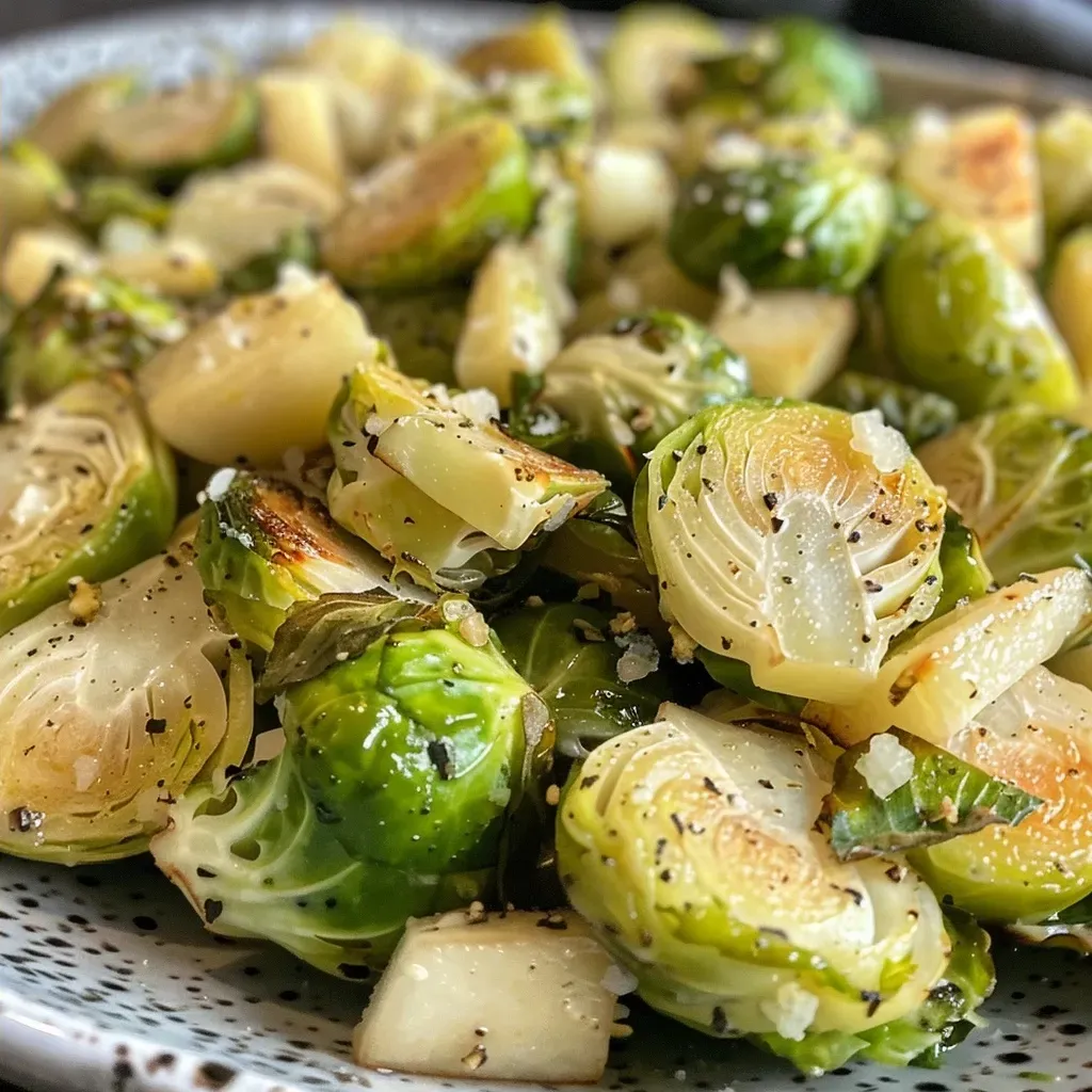 Close-up of Brussels sprouts with a golden-brown exterior and garlic cloves.