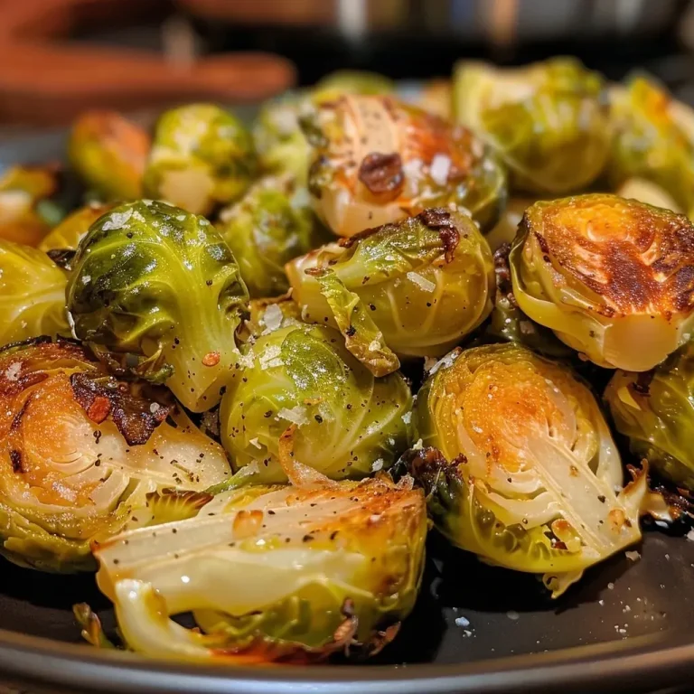 Close-up view of roasted Brussels sprouts with a glossy finish.