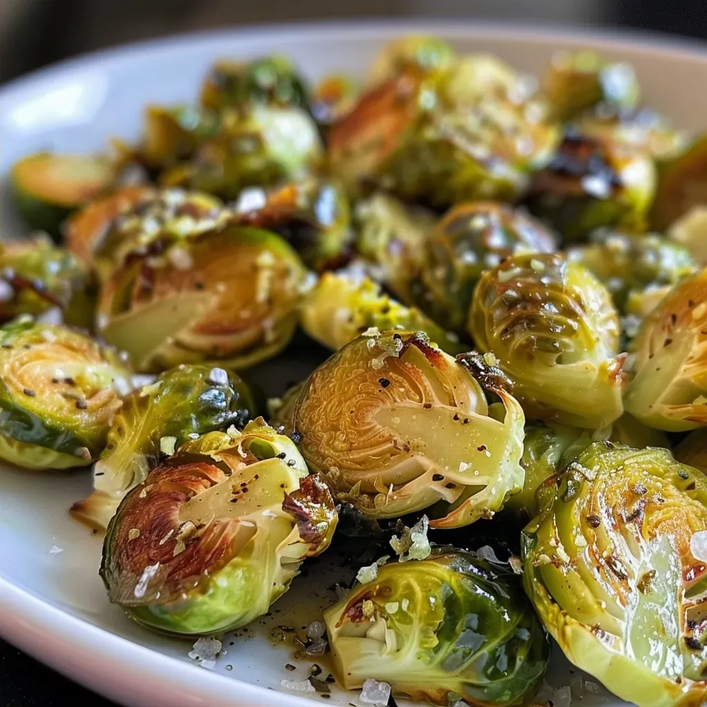 Side view of halved Brussels sprouts, perfectly roasted and golden.