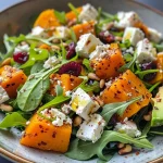 Close-up view of a vibrant roast pumpkin salad with feta cheese, arugula, and cranberries.
