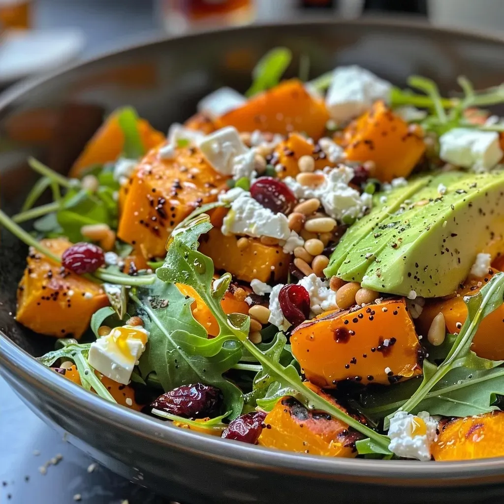 Side view of a healthy roast pumpkin salad featuring avocado, feta, and colorful greens.