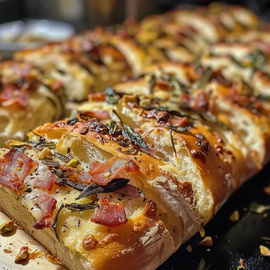 Side view of freshly baked pull-apart bread, showcasing layers of speck and sage with roasted garlic.