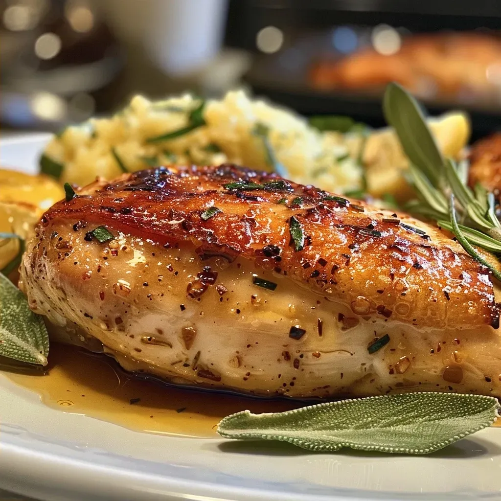 Tender chicken thighs coated in golden brown butter and fresh sage.