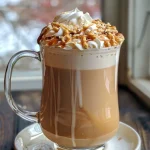 Close-up of a Salted Caramel Pretzel Latte with whipped cream and crushed pretzels on top.