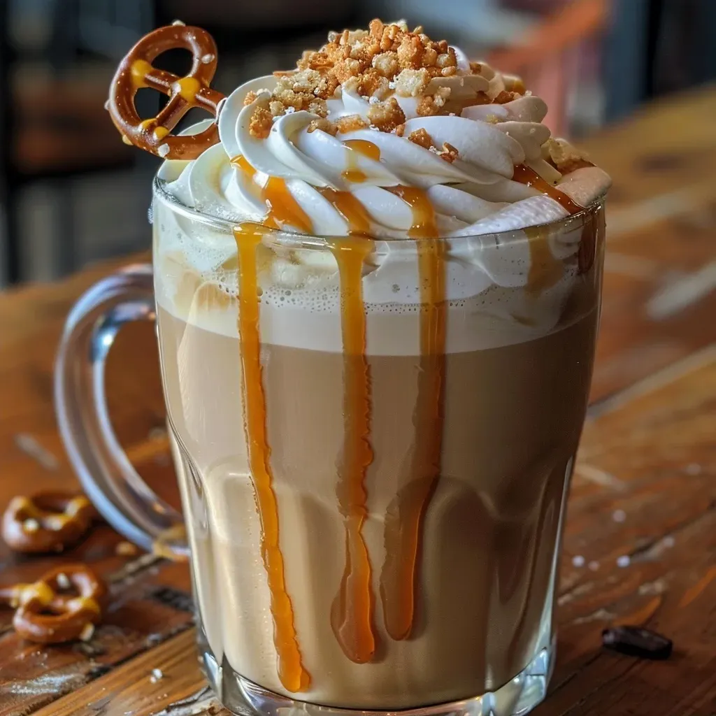 Side view of a delicious Salted Caramel Pretzel Latte featuring caramel drizzle and a pinch of sea salt.