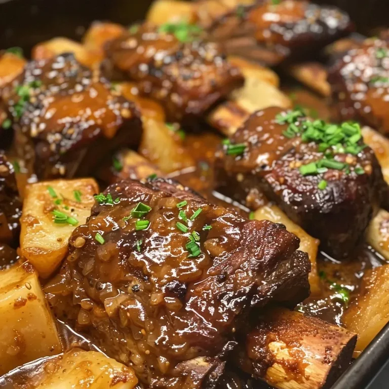 Scharf-glänzende Rinderkurzbraten mit Honigbutter und Ahorn-Rüben Close-up of glazed short ribs with a shiny finish and roasted rutabaga cubes.