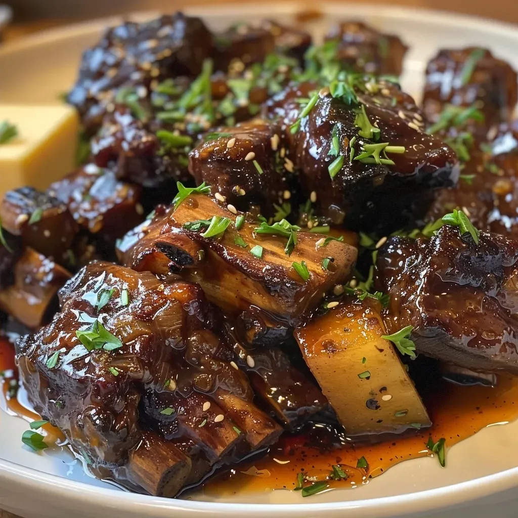 Juicy beef short ribs drizzled with honey butter glaze alongside golden rutabaga.