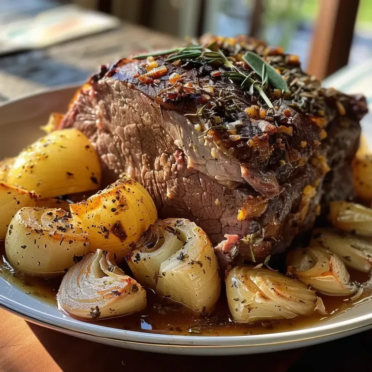 Herzhafter Schmortopf: Rindfleisch mit Karotten und Kartoffeln A close-up side view of a pot roast with carrots and potatoes, glistening with juices.