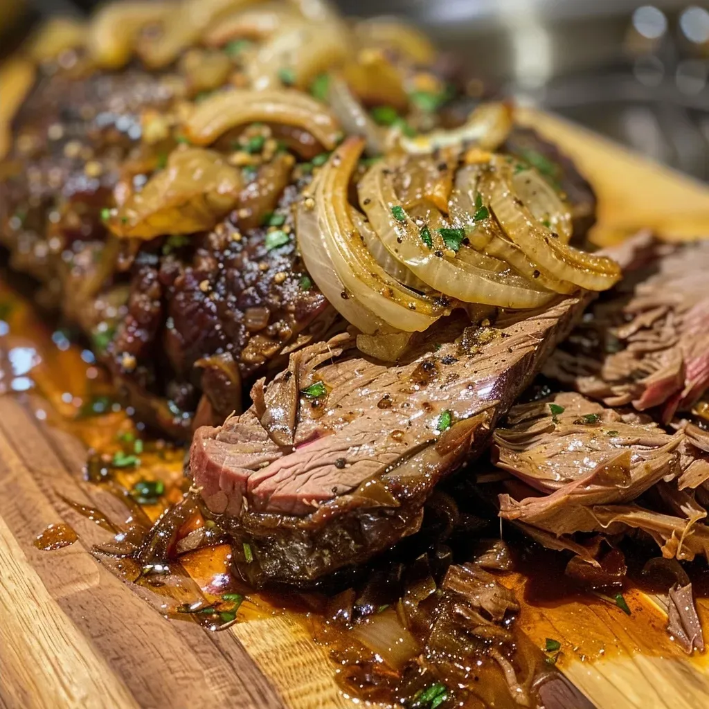 Juicy pot roast surrounded by golden potatoes and vibrant carrots on a plate.