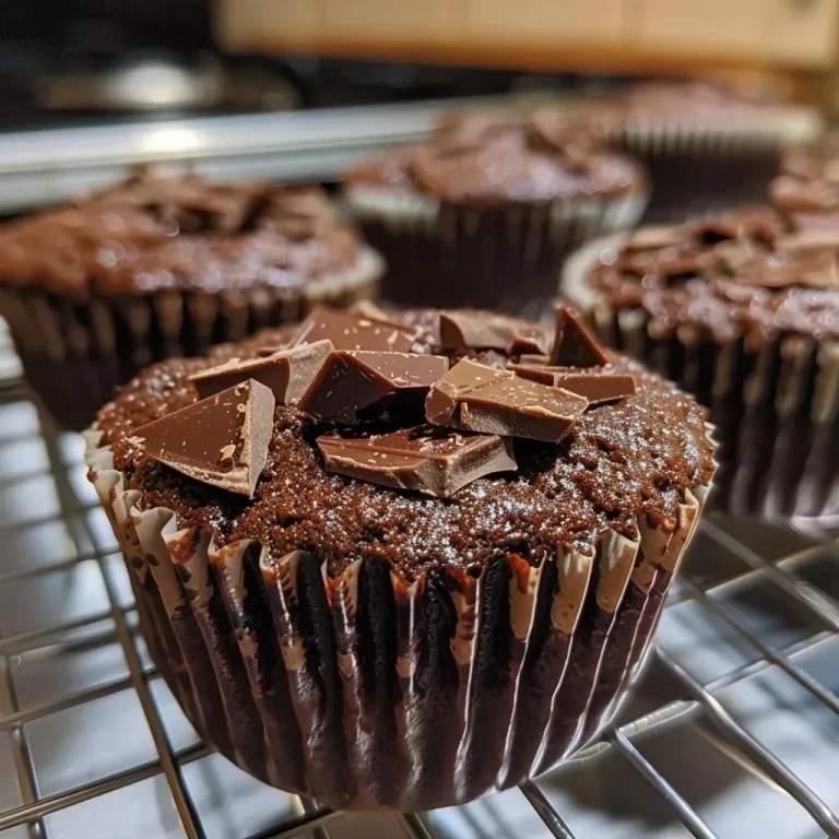Schokoladige Genussmomente mit Basilikum – Muffins für die Seele Close-up view of chocolate and basil muffins with a glossy sheen.