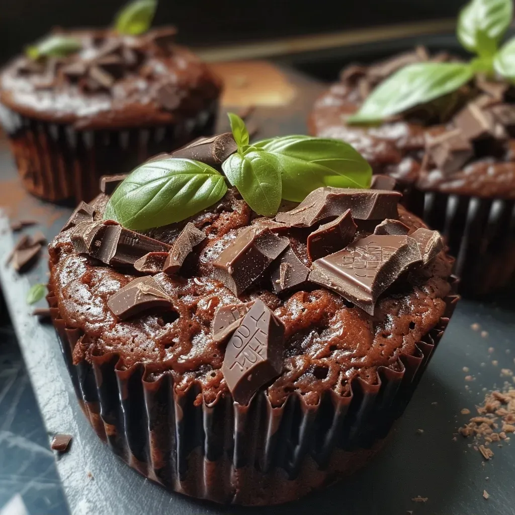 Side view of delicious muffins showcasing chocolate chunks and fresh basil.