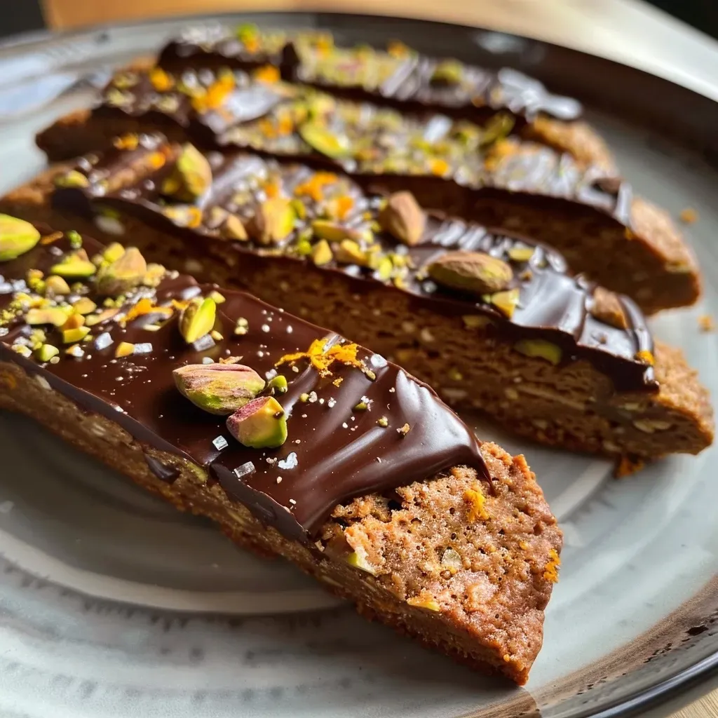 Side view of biscotti showcasing a crispy exterior with a chocolate coating and orange zest.