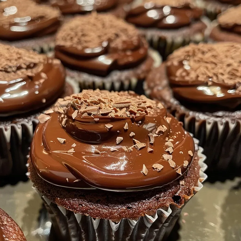 Side angle of chocolate cupcakes topped with drizzling caramel and a sprinkle of sea salt.