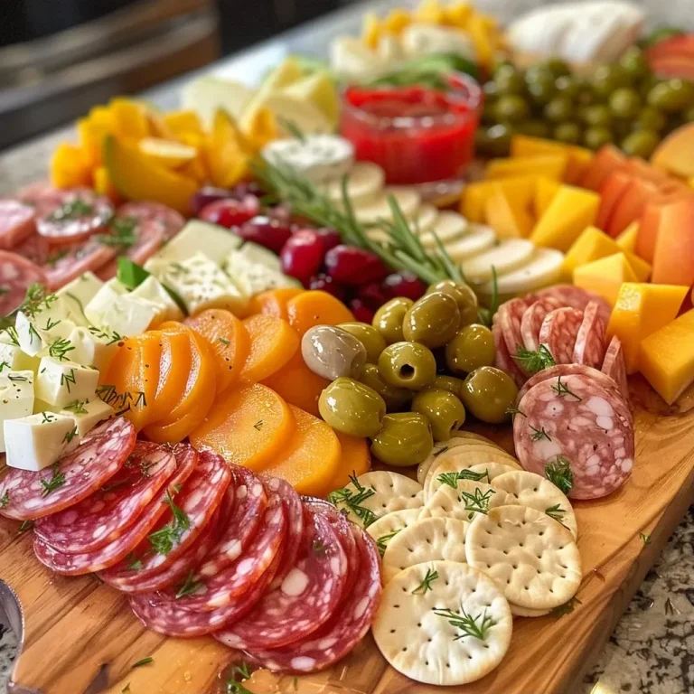 Sommerliche Wurstplatte: Genussvolle Vielfalt für Heitere Momente A close-up view of a summer sausage charcuterie board featuring various cheeses, pickles, and fruit.