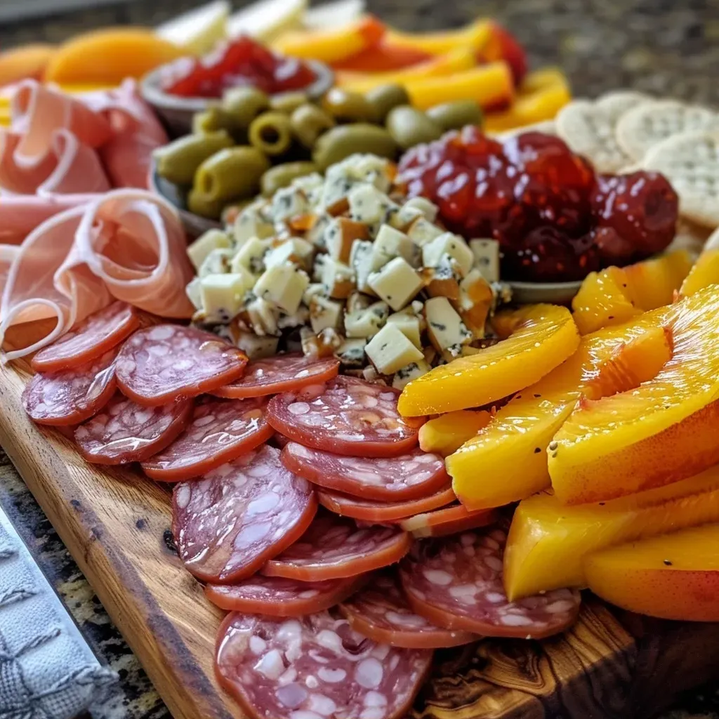 A delicious spread of summer sausage, cheeses, and accompaniments arranged artfully on a wooden board.