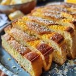 Close-up view of a golden brown cornbread showcasing kernels of corn.