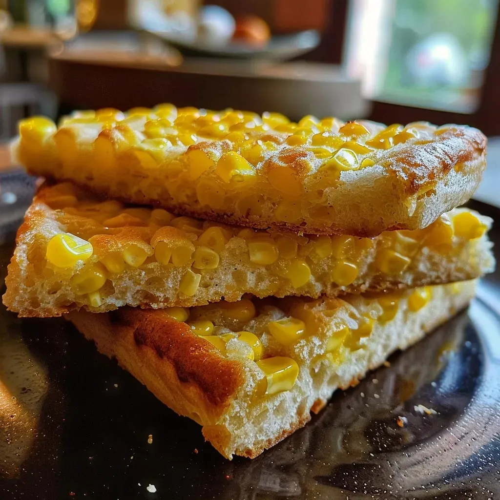 Side view of a moist slice of summer cornbread, emphasizing its texture and color.